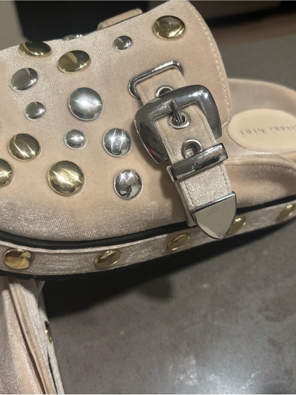 Gianni Bini Beige Velvet Studded Buckle Mules